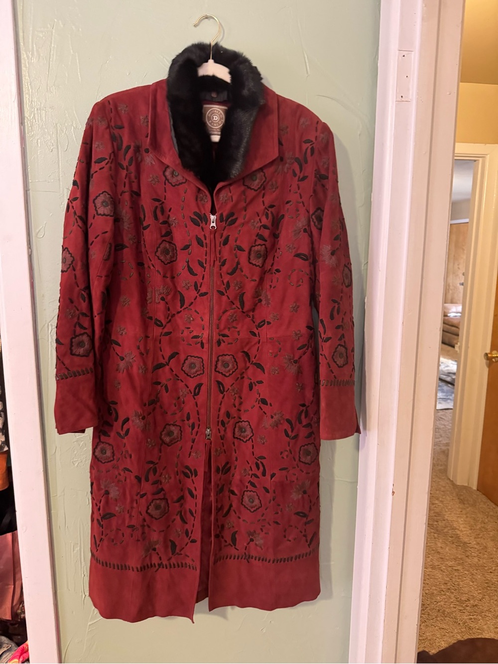 Double D Ranch Red Suede Embroidered Coat with Black Fur Collar